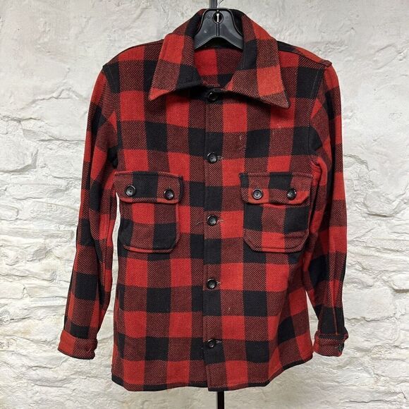 True Vintage 40s(?) Red Buffalo Plaid Jacket Mens Small Wool Flannel Shirt Rare - Picture 1 of 11